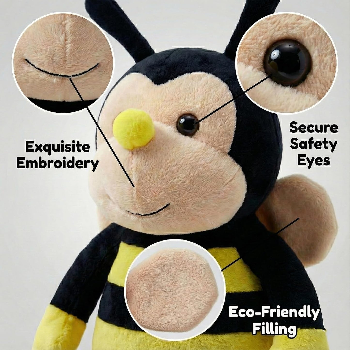 Plush Nana The Bee with Smile Face and Yellow Wings Bumblebee Animal Shaped Soft Toy Present for Children 12 inch Head to Toe