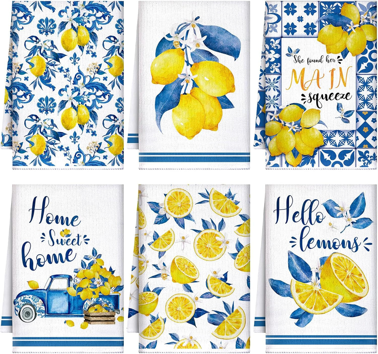 6 Pcs Summer Lemon Kitchen Towels 24 x 16 Inch Italian Capri Tiles Lemon Iris Dish Towels Absorbent Blue Yellow Hand Bathroom Towel Mediterranean Tea Towel for Kitchen Amalfi Coast Party Decor