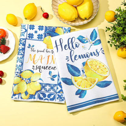 6 Pcs Summer Lemon Kitchen Towels 24 x 16 Inch Italian Capri Tiles Lemon Iris Dish Towels Absorbent Blue Yellow Hand Bathroom Towel Mediterranean Tea Towel for Kitchen Amalfi Coast Party Decor