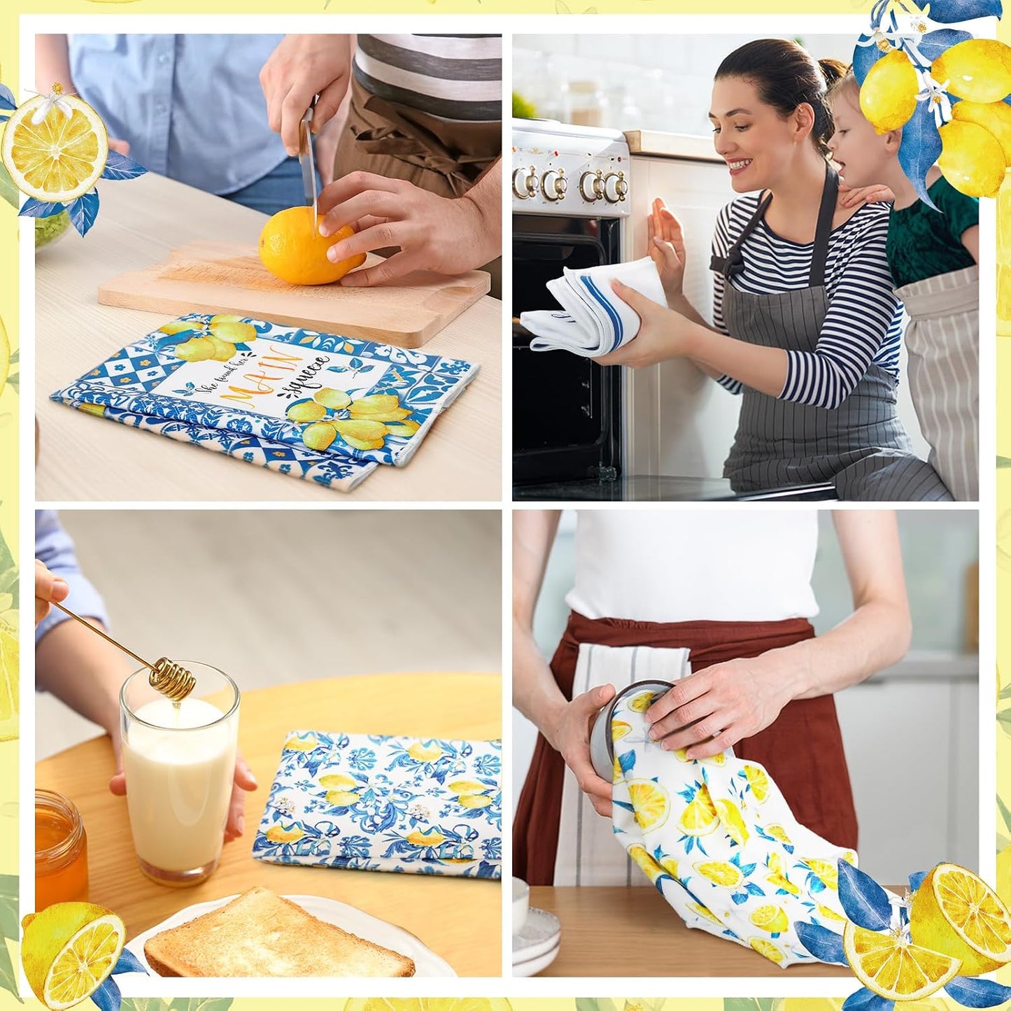 6 Pcs Summer Lemon Kitchen Towels 24 x 16 Inch Italian Capri Tiles Lemon Iris Dish Towels Absorbent Blue Yellow Hand Bathroom Towel Mediterranean Tea Towel for Kitchen Amalfi Coast Party Decor