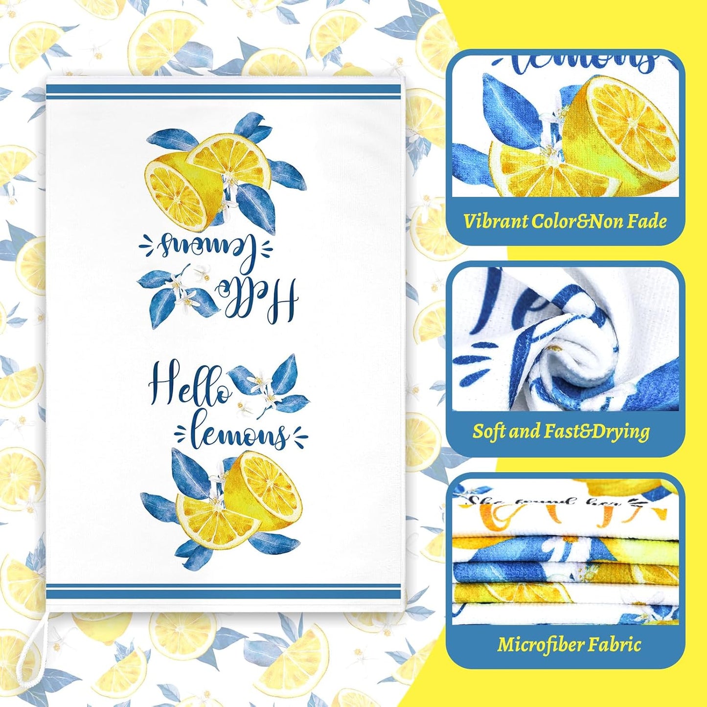 6 Pcs Summer Lemon Kitchen Towels 24 x 16 Inch Italian Capri Tiles Lemon Iris Dish Towels Absorbent Blue Yellow Hand Bathroom Towel Mediterranean Tea Towel for Kitchen Amalfi Coast Party Decor