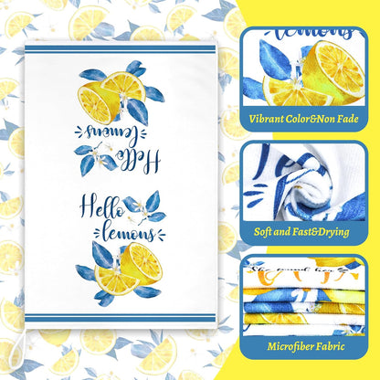 6 Pcs Summer Lemon Kitchen Towels 24 x 16 Inch Italian Capri Tiles Lemon Iris Dish Towels Absorbent Blue Yellow Hand Bathroom Towel Mediterranean Tea Towel for Kitchen Amalfi Coast Party Decor
