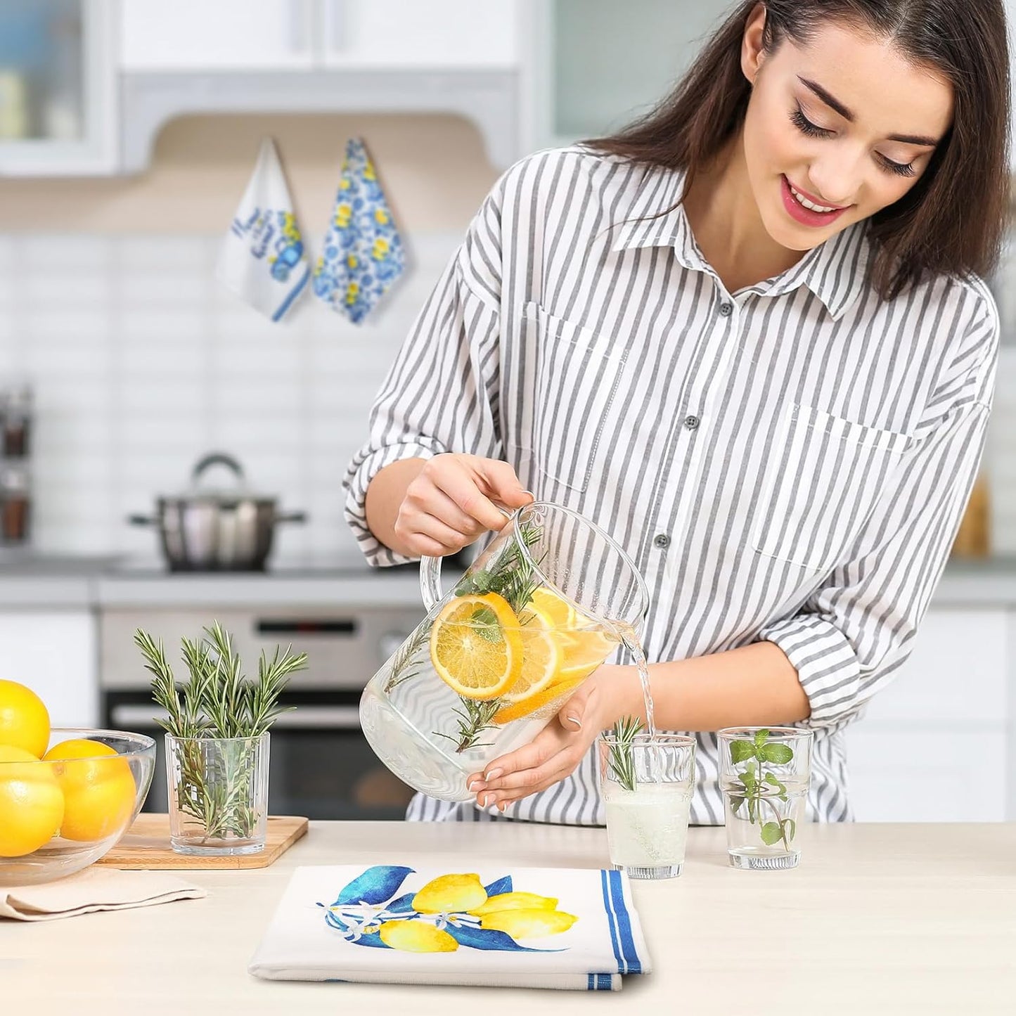 6 Pcs Summer Lemon Kitchen Towels 24 x 16 Inch Italian Capri Tiles Lemon Iris Dish Towels Absorbent Blue Yellow Hand Bathroom Towel Mediterranean Tea Towel for Kitchen Amalfi Coast Party Decor