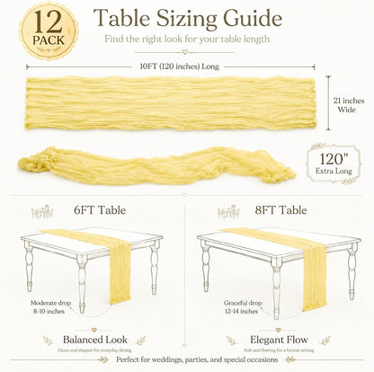 12 Pack Light Yellow Cheesecloth Table Runner 21 x 120 inch Light Yellow Table Runner Boho Gauze Cheese Cloth Table Runners Rustic Sheer Table Runner for Wedding Party Baby Shower Birthday Home Decor