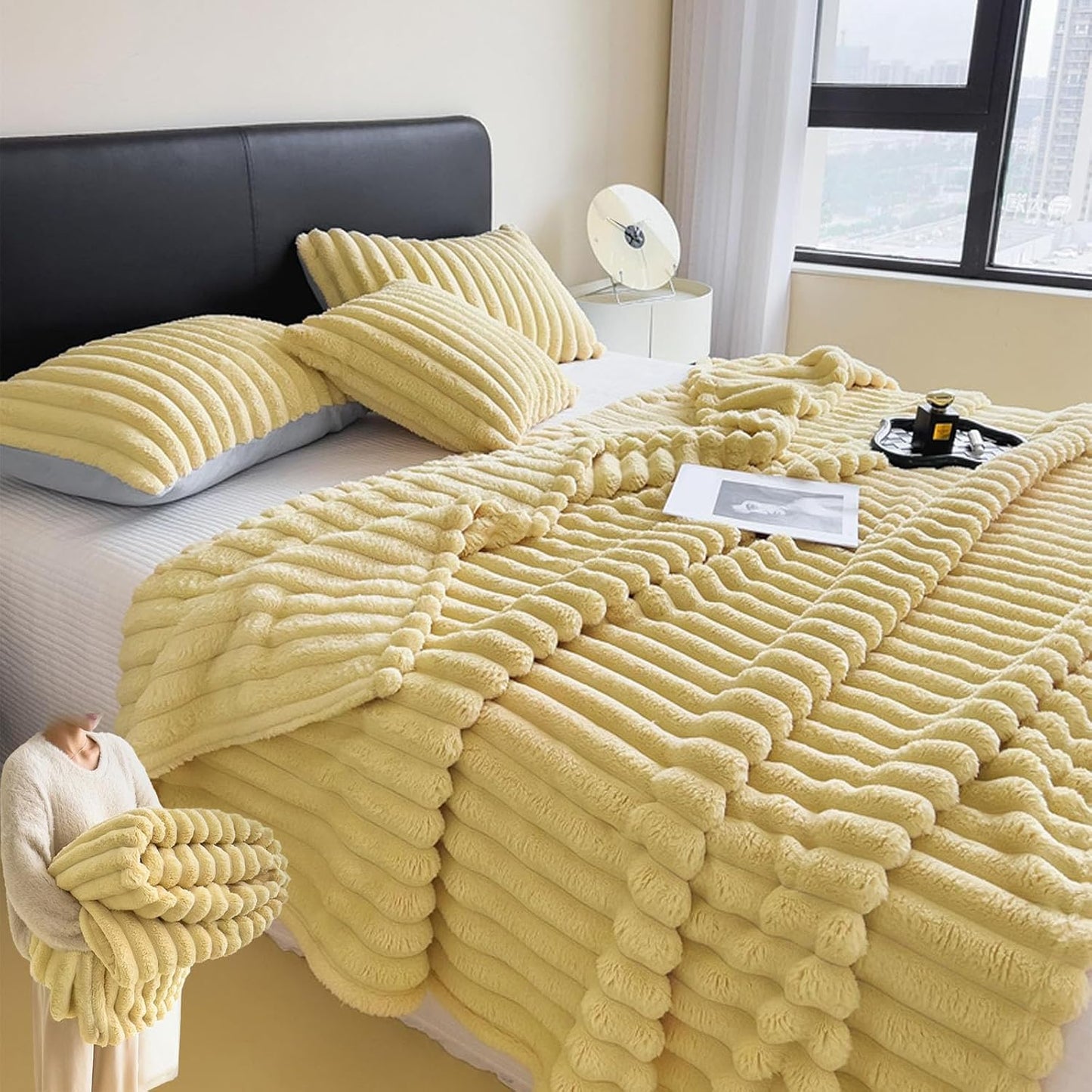 Thickened Rabbit Plush Velvet Cover Blanket, Thickened Faux Rabbit Fur Throw Blanket, Faux Fur Throw Blankets for Sofa & Bed, Warm Fuzzy Home Room Decor Throws (Light Yellow,100x150cm)