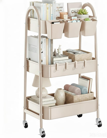 3-Tier Rolling Cart, Utility Cart Mobile Metal Rolling Storage Cart with Lockable Wheels & Hanging Cups & Hooks for Kitchen, Bathroom, Office, Workshop, Yellow