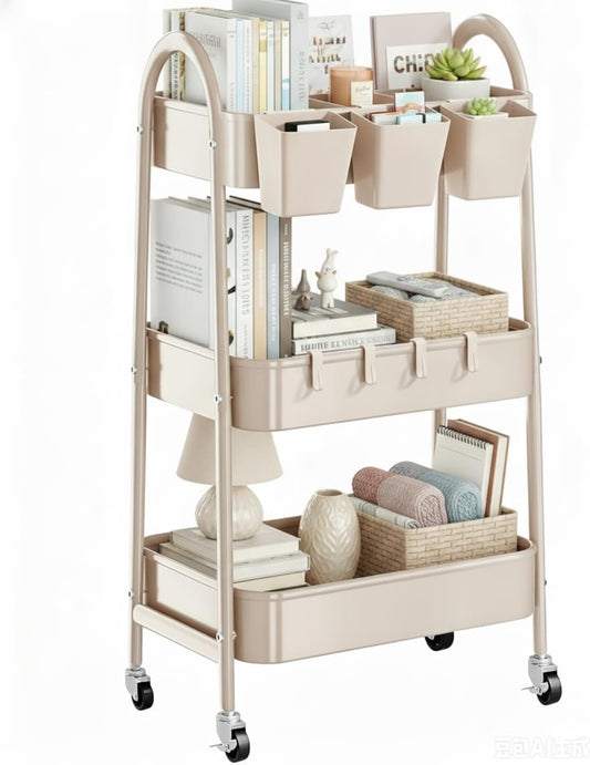 3-Tier Rolling Cart, Utility Cart Mobile Metal Rolling Storage Cart with Lockable Wheels & Hanging Cups & Hooks for Kitchen, Bathroom, Office, Workshop, Yellow