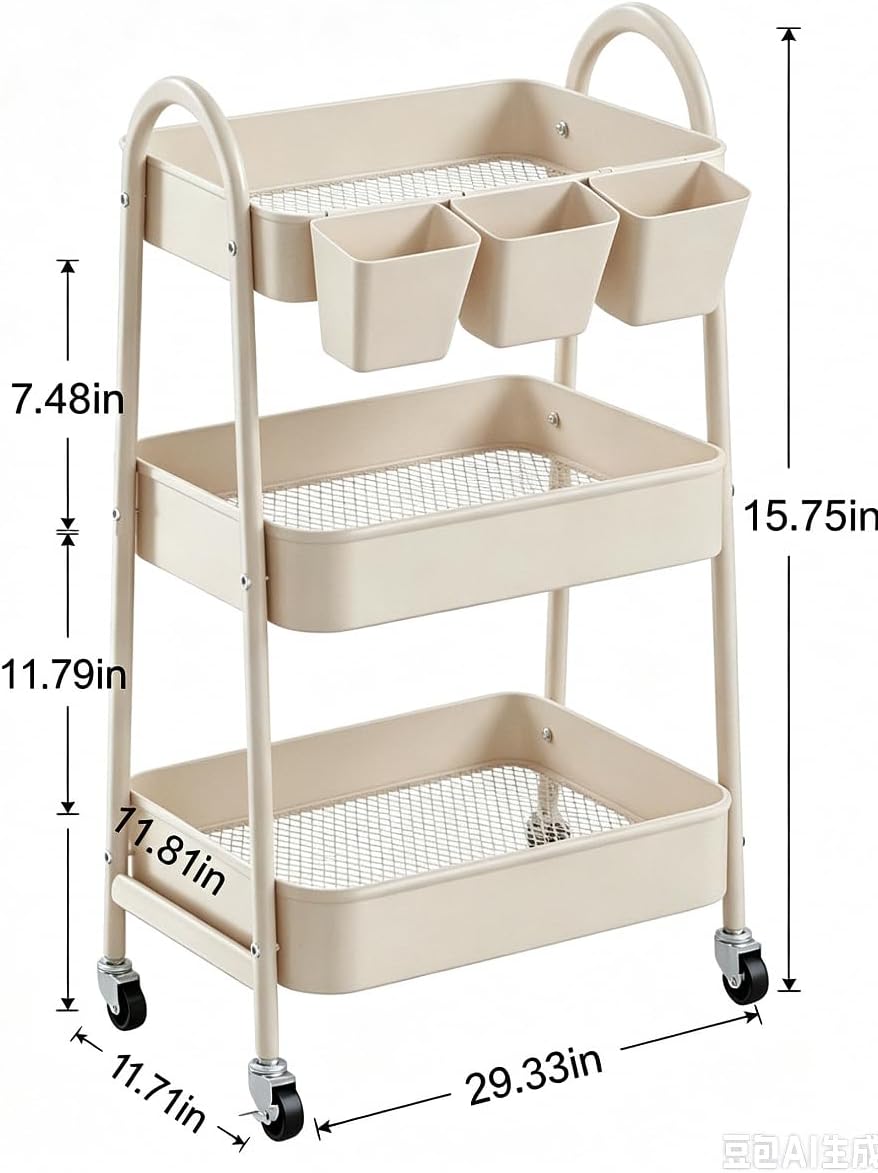 3-Tier Rolling Cart, Utility Cart Mobile Metal Rolling Storage Cart with Lockable Wheels & Hanging Cups & Hooks for Kitchen, Bathroom, Office, Workshop, Yellow