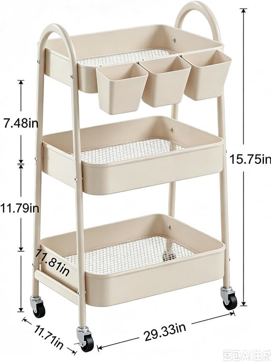 3-Tier Rolling Cart, Utility Cart Mobile Metal Rolling Storage Cart with Lockable Wheels & Hanging Cups & Hooks for Kitchen, Bathroom, Office, Workshop, Yellow