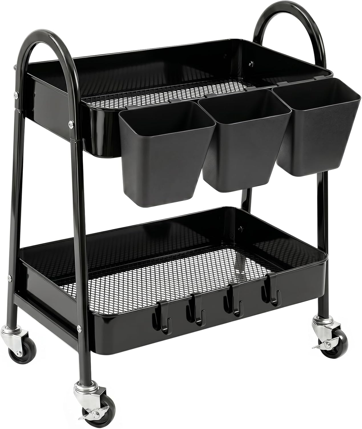 3-Tier Rolling Cart, Utility Cart Mobile Metal Rolling Storage Cart with Lockable Wheels & Hanging Cups & Hooks for Kitchen, Bathroom, Office, Workshop, Yellow