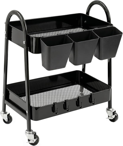 3-Tier Rolling Cart, Utility Cart Mobile Metal Rolling Storage Cart with Lockable Wheels & Hanging Cups & Hooks for Kitchen, Bathroom, Office, Workshop, Yellow