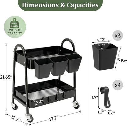 3-Tier Rolling Cart, Utility Cart Mobile Metal Rolling Storage Cart with Lockable Wheels & Hanging Cups & Hooks for Kitchen, Bathroom, Office, Workshop, Yellow