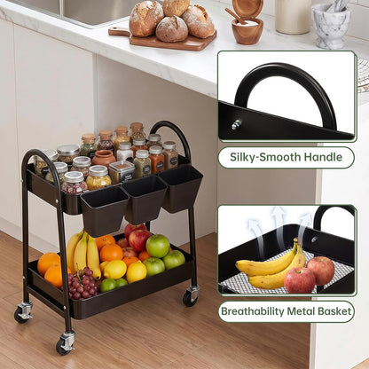 3-Tier Rolling Cart, Utility Cart Mobile Metal Rolling Storage Cart with Lockable Wheels & Hanging Cups & Hooks for Kitchen, Bathroom, Office, Workshop, Yellow