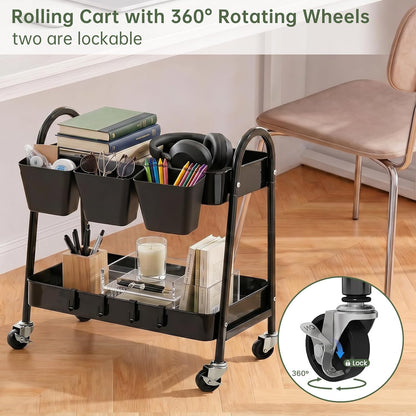 3-Tier Rolling Cart, Utility Cart Mobile Metal Rolling Storage Cart with Lockable Wheels & Hanging Cups & Hooks for Kitchen, Bathroom, Office, Workshop, Yellow