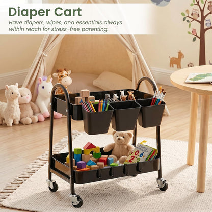 3-Tier Rolling Cart, Utility Cart Mobile Metal Rolling Storage Cart with Lockable Wheels & Hanging Cups & Hooks for Kitchen, Bathroom, Office, Workshop, Yellow