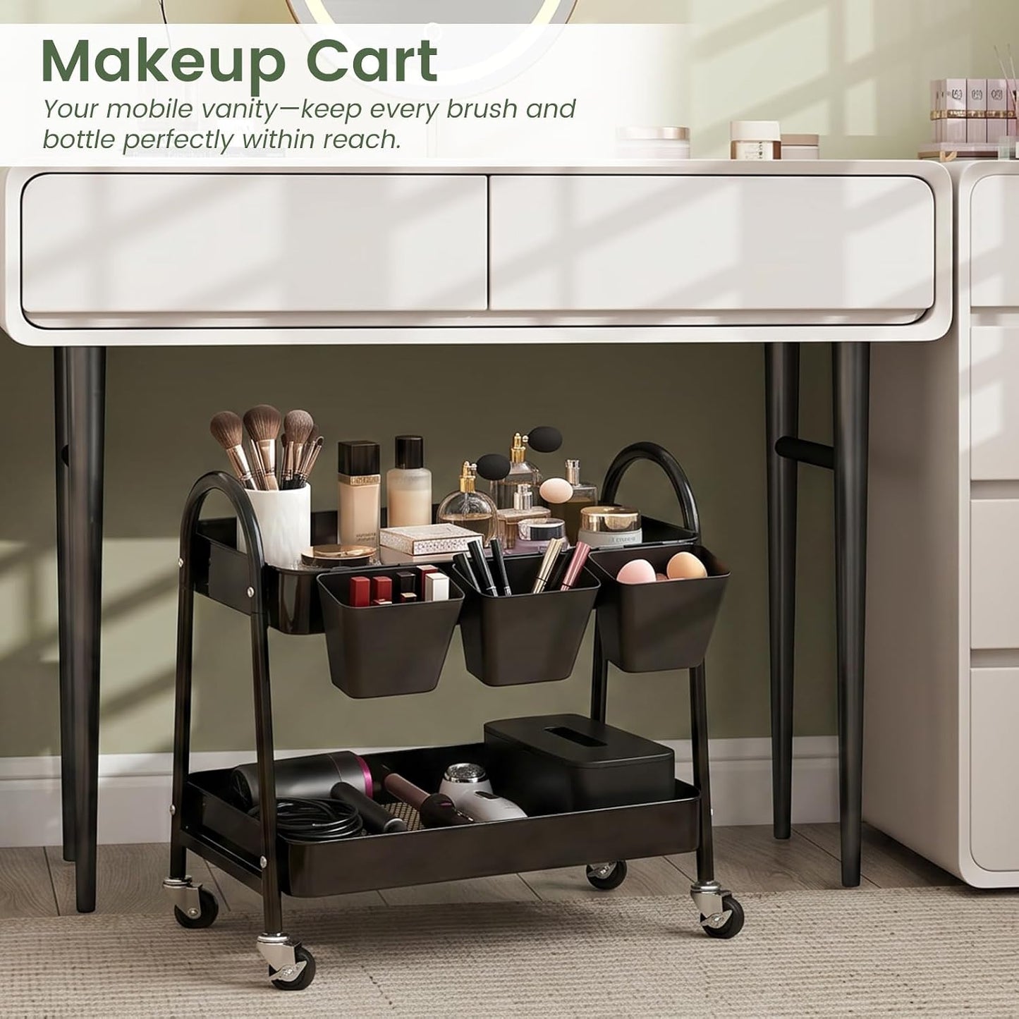 3-Tier Rolling Cart, Utility Cart Mobile Metal Rolling Storage Cart with Lockable Wheels & Hanging Cups & Hooks for Kitchen, Bathroom, Office, Workshop, Yellow