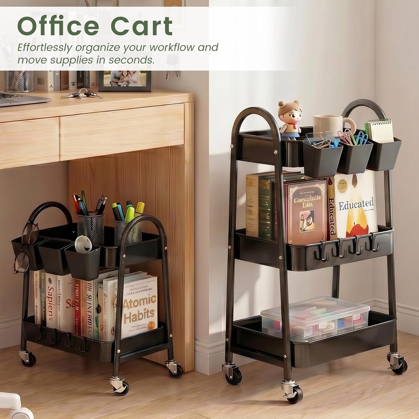 3-Tier Rolling Cart, Utility Cart Mobile Metal Rolling Storage Cart with Lockable Wheels & Hanging Cups & Hooks for Kitchen, Bathroom, Office, Workshop, Yellow