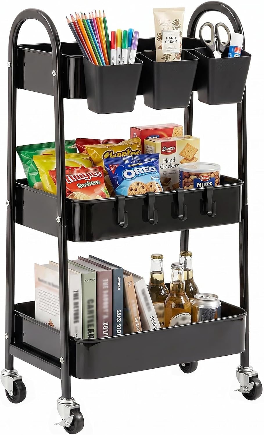 3-Tier Rolling Cart, Utility Cart Mobile Metal Rolling Storage Cart with Lockable Wheels & Hanging Cups & Hooks for Kitchen, Bathroom, Office, Workshop, Yellow