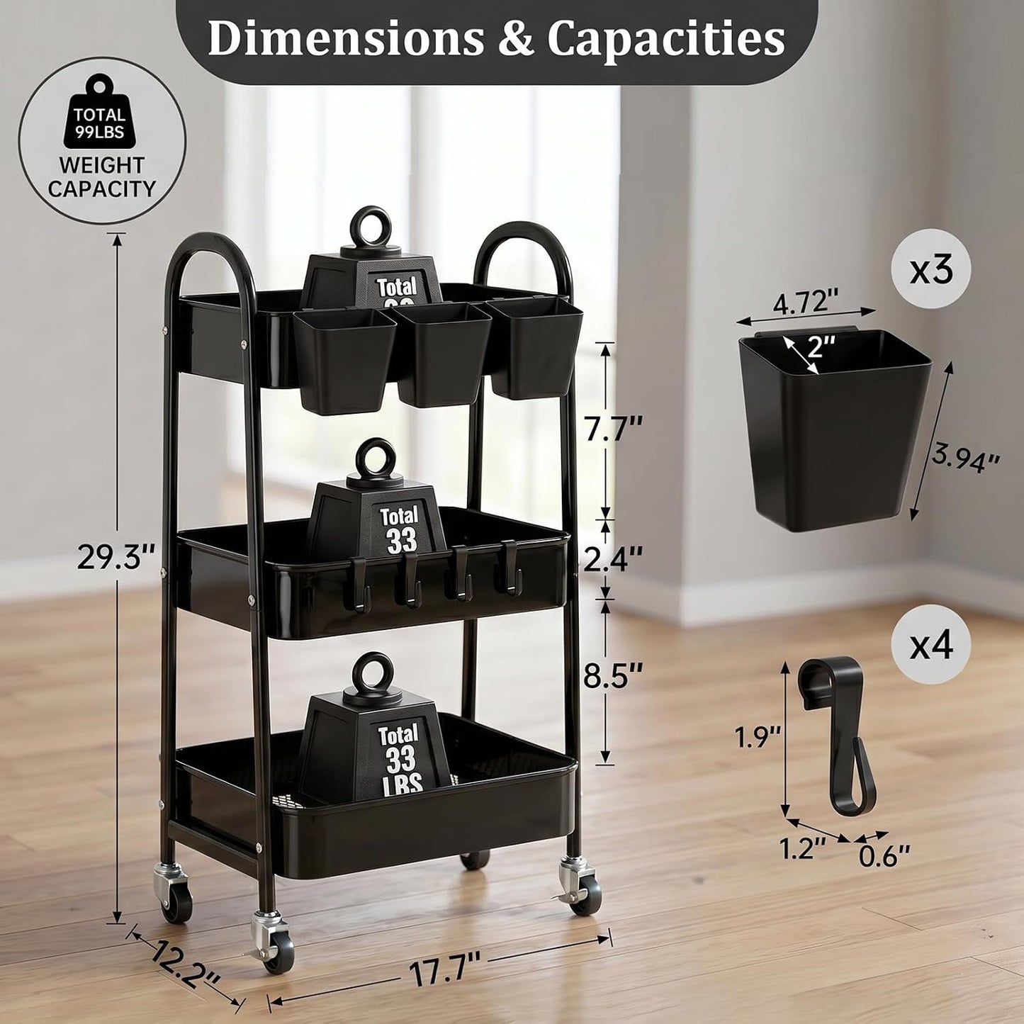 3-Tier Rolling Cart, Utility Cart Mobile Metal Rolling Storage Cart with Lockable Wheels & Hanging Cups & Hooks for Kitchen, Bathroom, Office, Workshop, Yellow