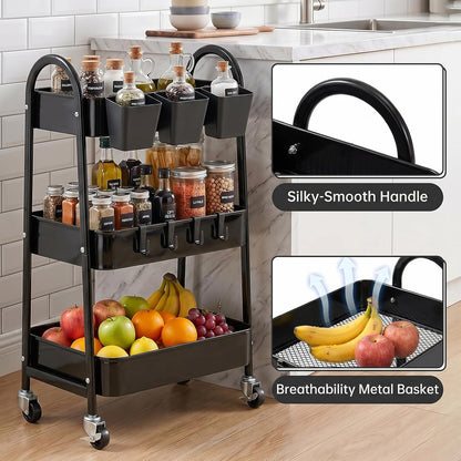 3-Tier Rolling Cart, Utility Cart Mobile Metal Rolling Storage Cart with Lockable Wheels & Hanging Cups & Hooks for Kitchen, Bathroom, Office, Workshop, Yellow