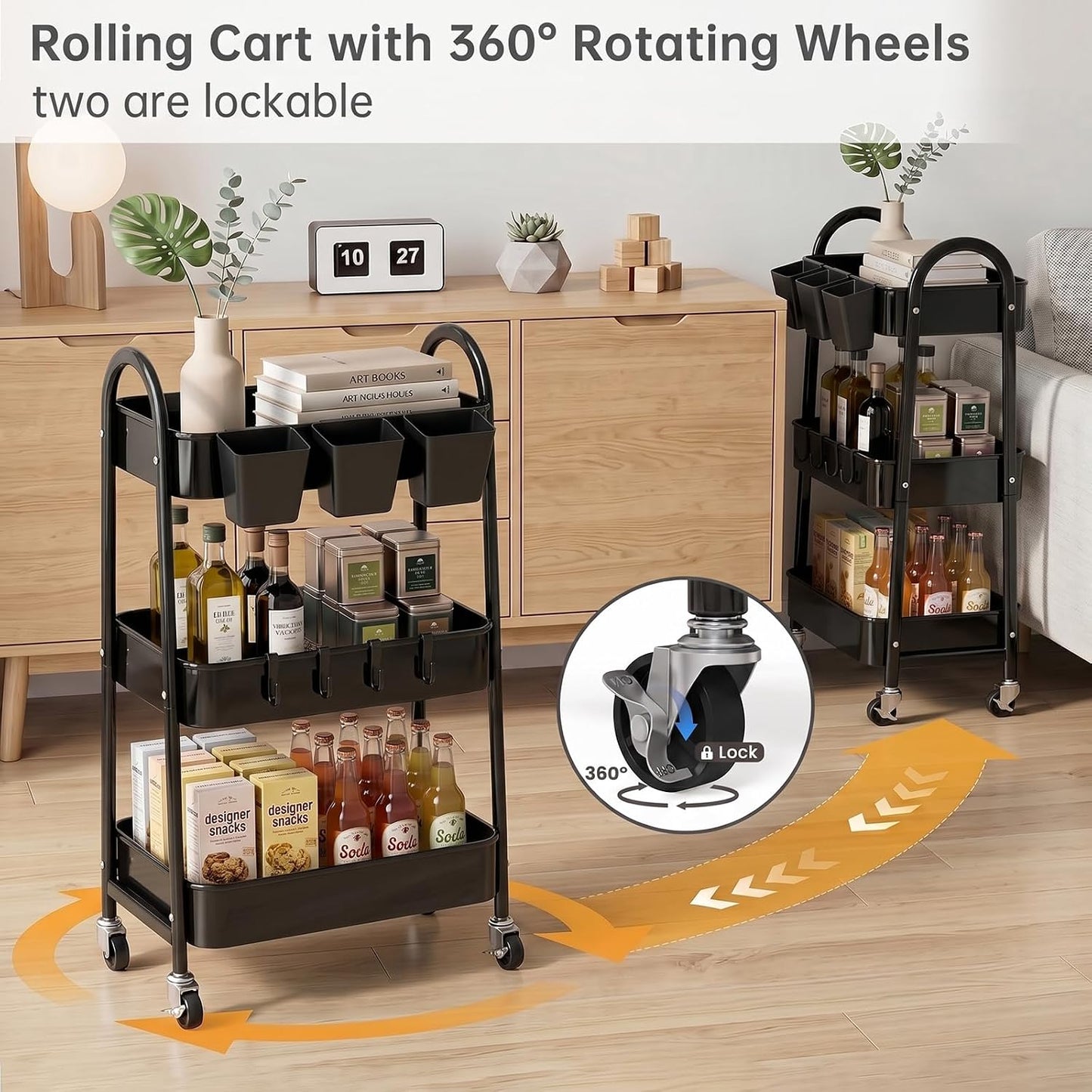 3-Tier Rolling Cart, Utility Cart Mobile Metal Rolling Storage Cart with Lockable Wheels & Hanging Cups & Hooks for Kitchen, Bathroom, Office, Workshop, Yellow