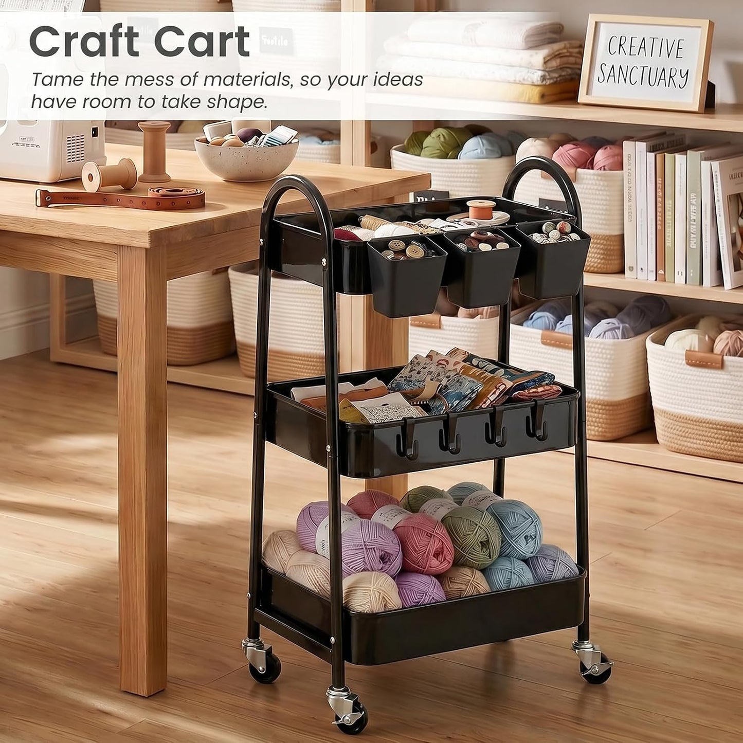 3-Tier Rolling Cart, Utility Cart Mobile Metal Rolling Storage Cart with Lockable Wheels & Hanging Cups & Hooks for Kitchen, Bathroom, Office, Workshop, Yellow