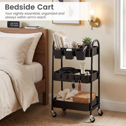 3-Tier Rolling Cart, Utility Cart Mobile Metal Rolling Storage Cart with Lockable Wheels & Hanging Cups & Hooks for Kitchen, Bathroom, Office, Workshop, Yellow
