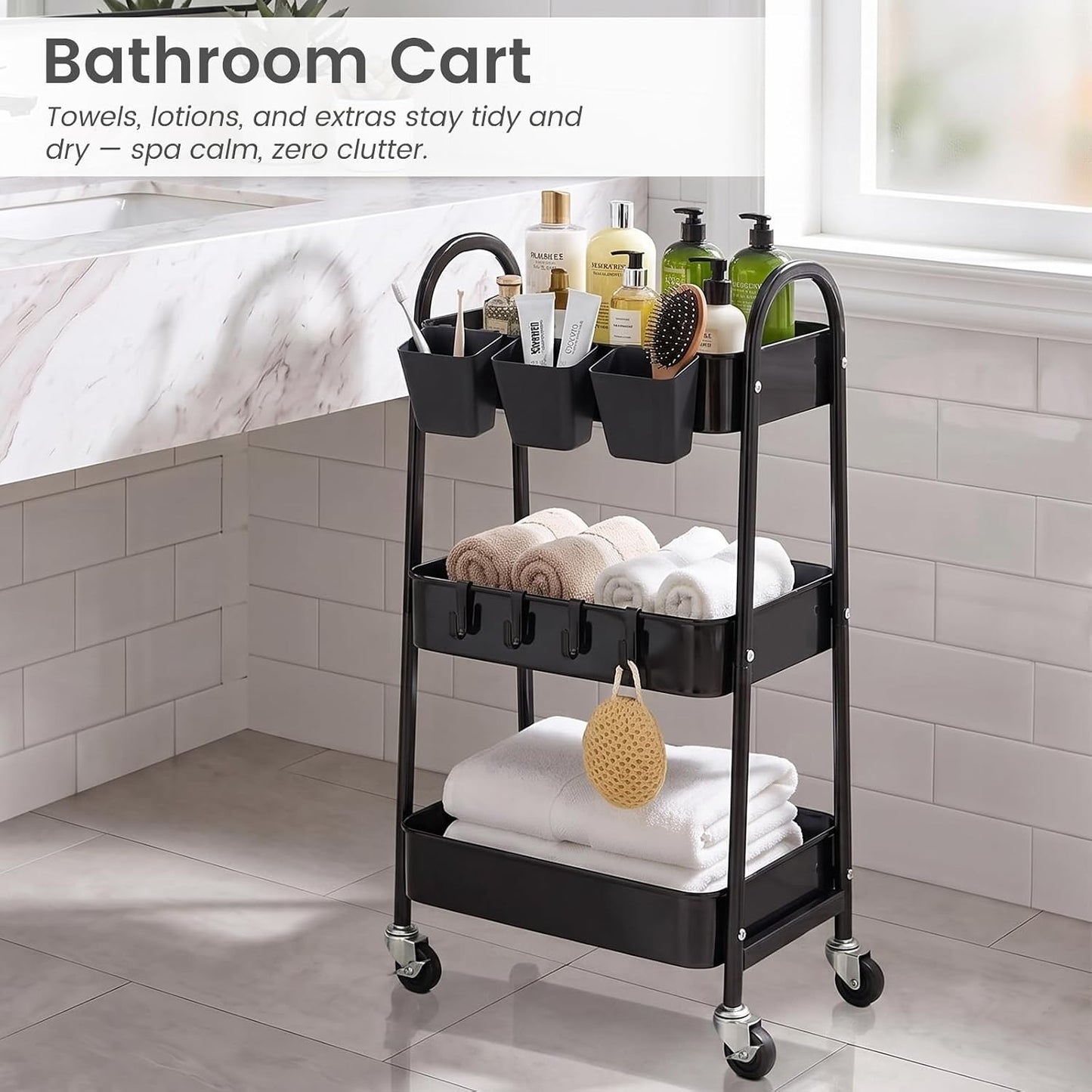 3-Tier Rolling Cart, Utility Cart Mobile Metal Rolling Storage Cart with Lockable Wheels & Hanging Cups & Hooks for Kitchen, Bathroom, Office, Workshop, Yellow