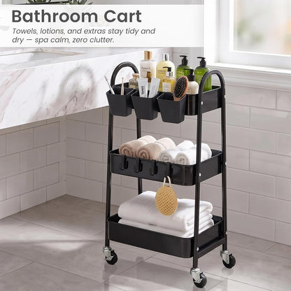 3-Tier Rolling Cart, Utility Cart Mobile Metal Rolling Storage Cart with Lockable Wheels & Hanging Cups & Hooks for Kitchen, Bathroom, Office, Workshop, Yellow