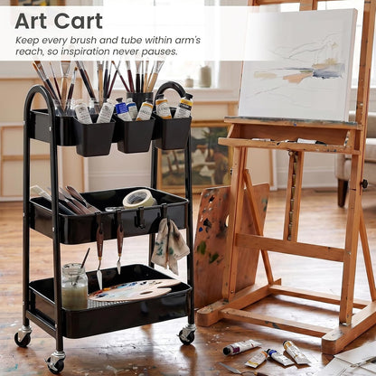 3-Tier Rolling Cart, Utility Cart Mobile Metal Rolling Storage Cart with Lockable Wheels & Hanging Cups & Hooks for Kitchen, Bathroom, Office, Workshop, Yellow