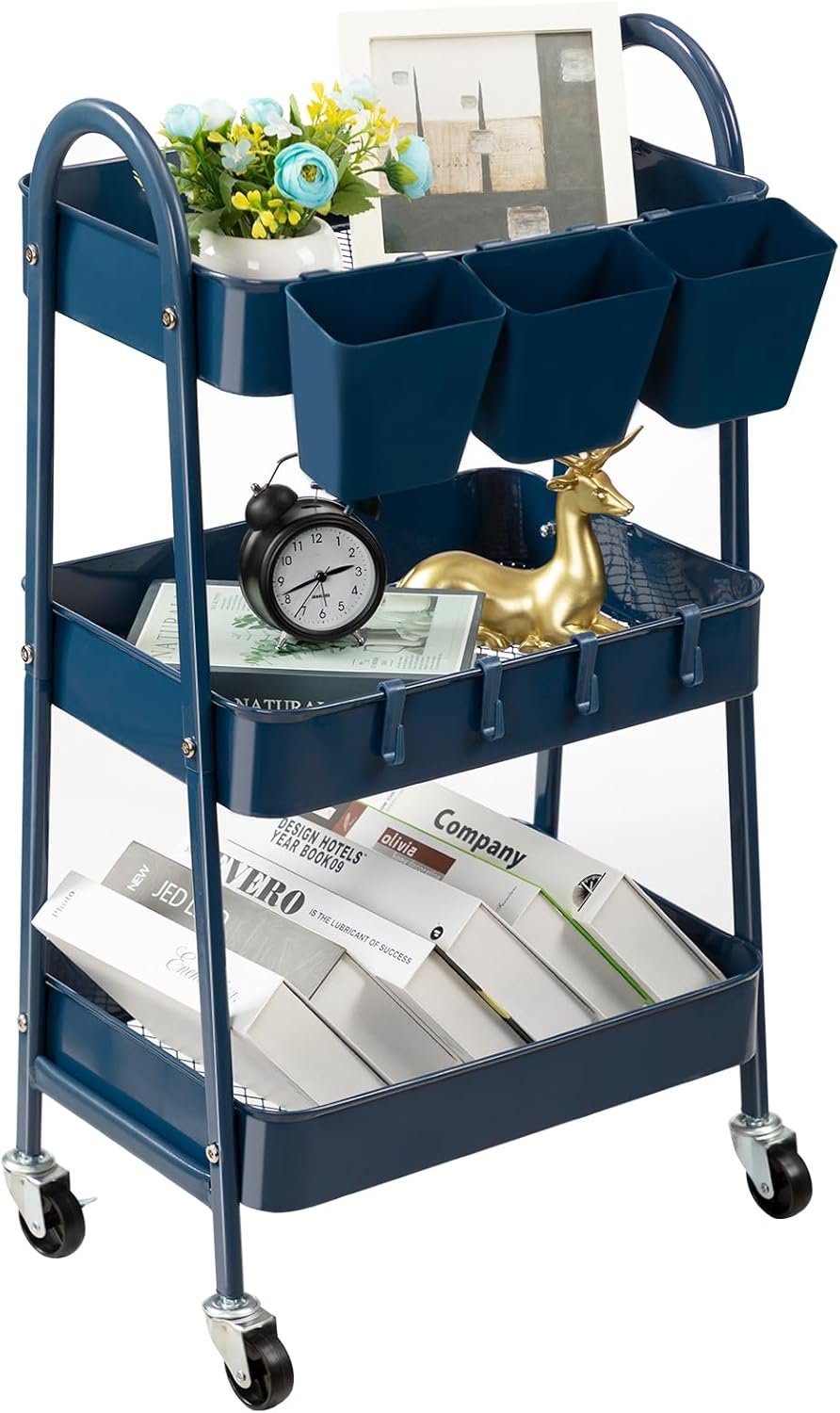 3-Tier Rolling Cart, Utility Cart Mobile Metal Rolling Storage Cart with Lockable Wheels & Hanging Cups & Hooks for Kitchen, Bathroom, Office, Workshop, Yellow