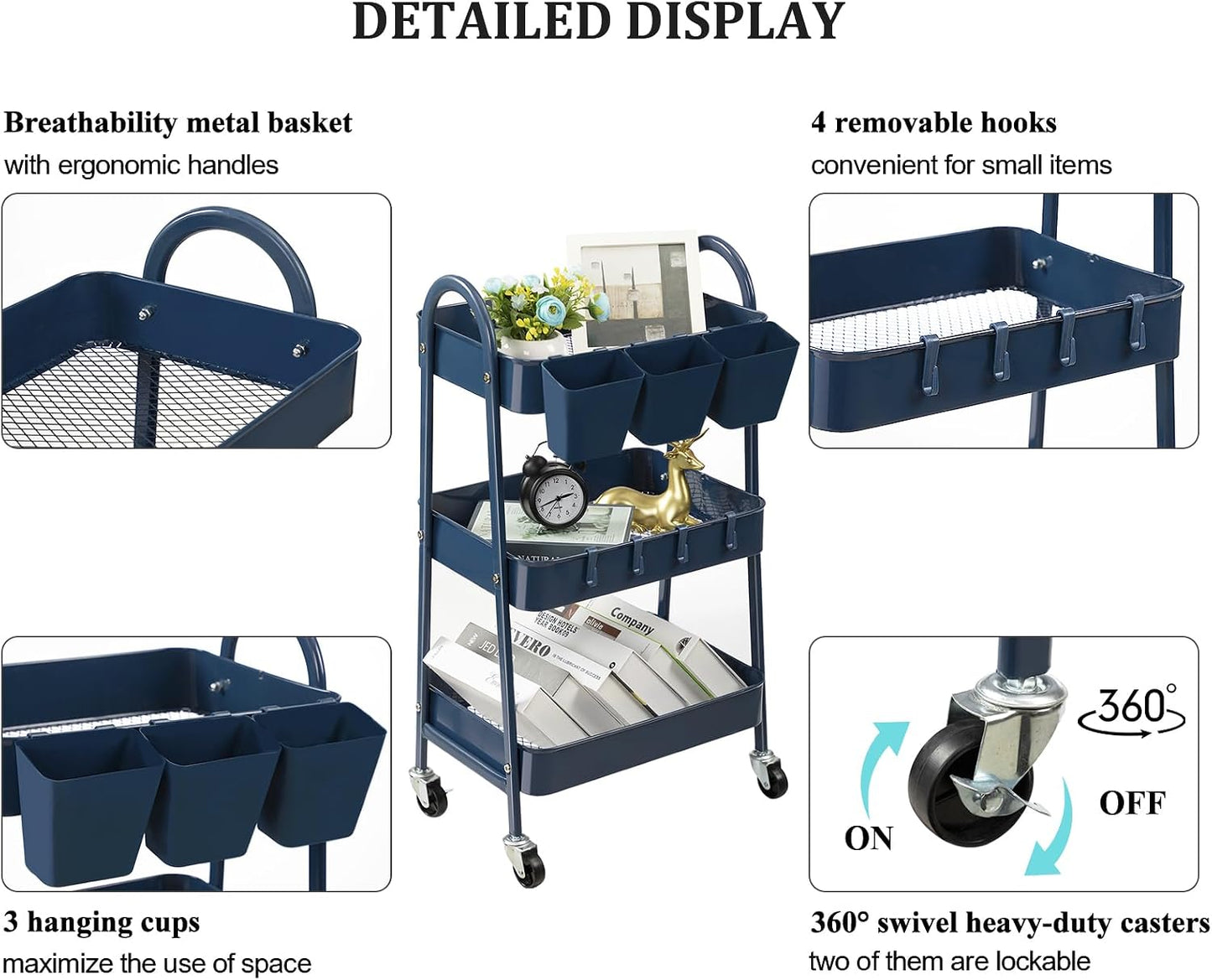 3-Tier Rolling Cart, Utility Cart Mobile Metal Rolling Storage Cart with Lockable Wheels & Hanging Cups & Hooks for Kitchen, Bathroom, Office, Workshop, Yellow