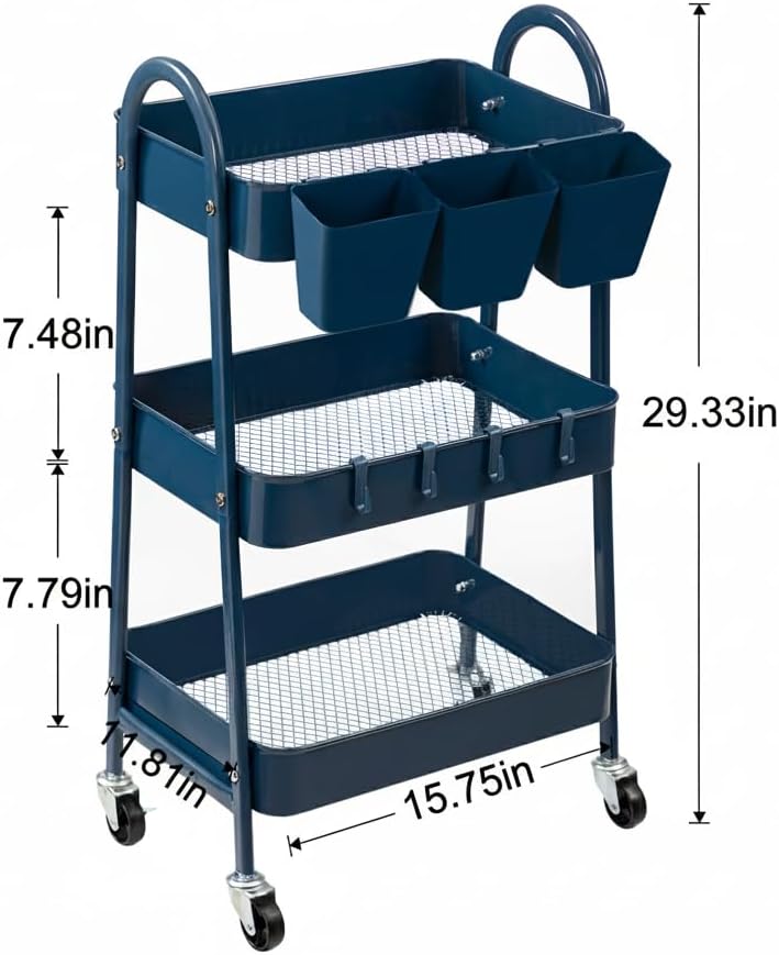 3-Tier Rolling Cart, Utility Cart Mobile Metal Rolling Storage Cart with Lockable Wheels & Hanging Cups & Hooks for Kitchen, Bathroom, Office, Workshop, Yellow