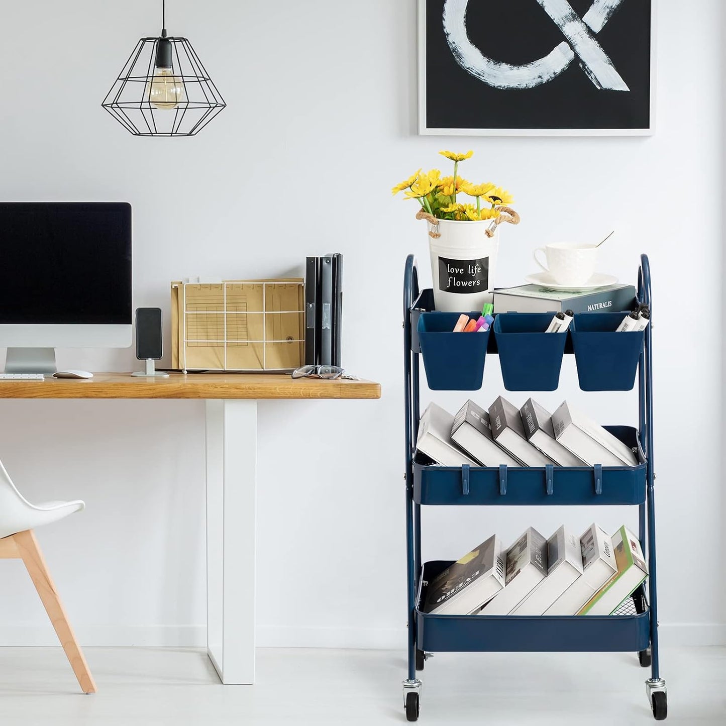 3-Tier Rolling Cart, Utility Cart Mobile Metal Rolling Storage Cart with Lockable Wheels & Hanging Cups & Hooks for Kitchen, Bathroom, Office, Workshop, Yellow