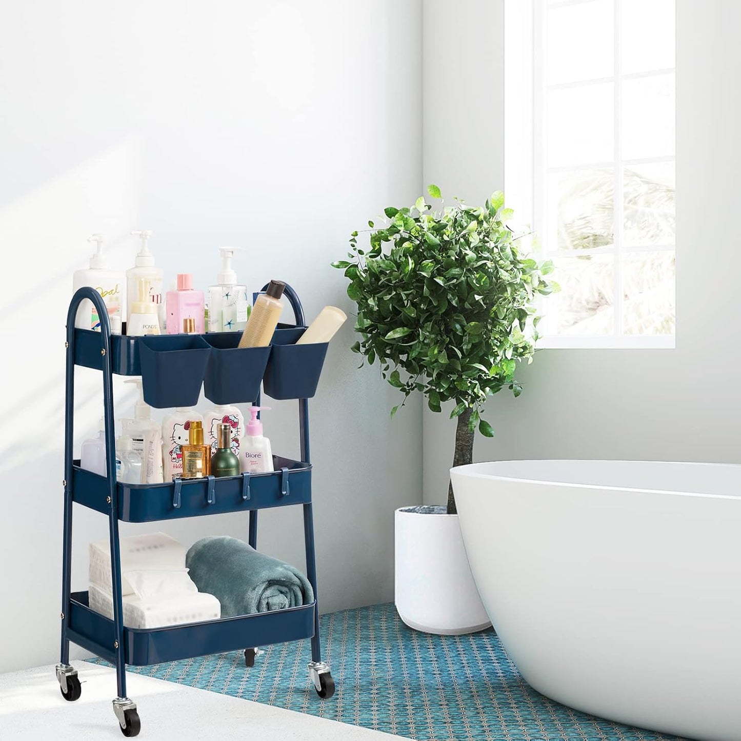 3-Tier Rolling Cart, Utility Cart Mobile Metal Rolling Storage Cart with Lockable Wheels & Hanging Cups & Hooks for Kitchen, Bathroom, Office, Workshop, Yellow