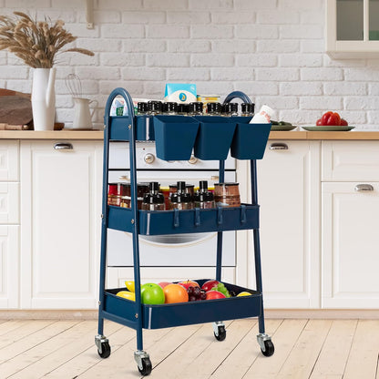 3-Tier Rolling Cart, Utility Cart Mobile Metal Rolling Storage Cart with Lockable Wheels & Hanging Cups & Hooks for Kitchen, Bathroom, Office, Workshop, Yellow