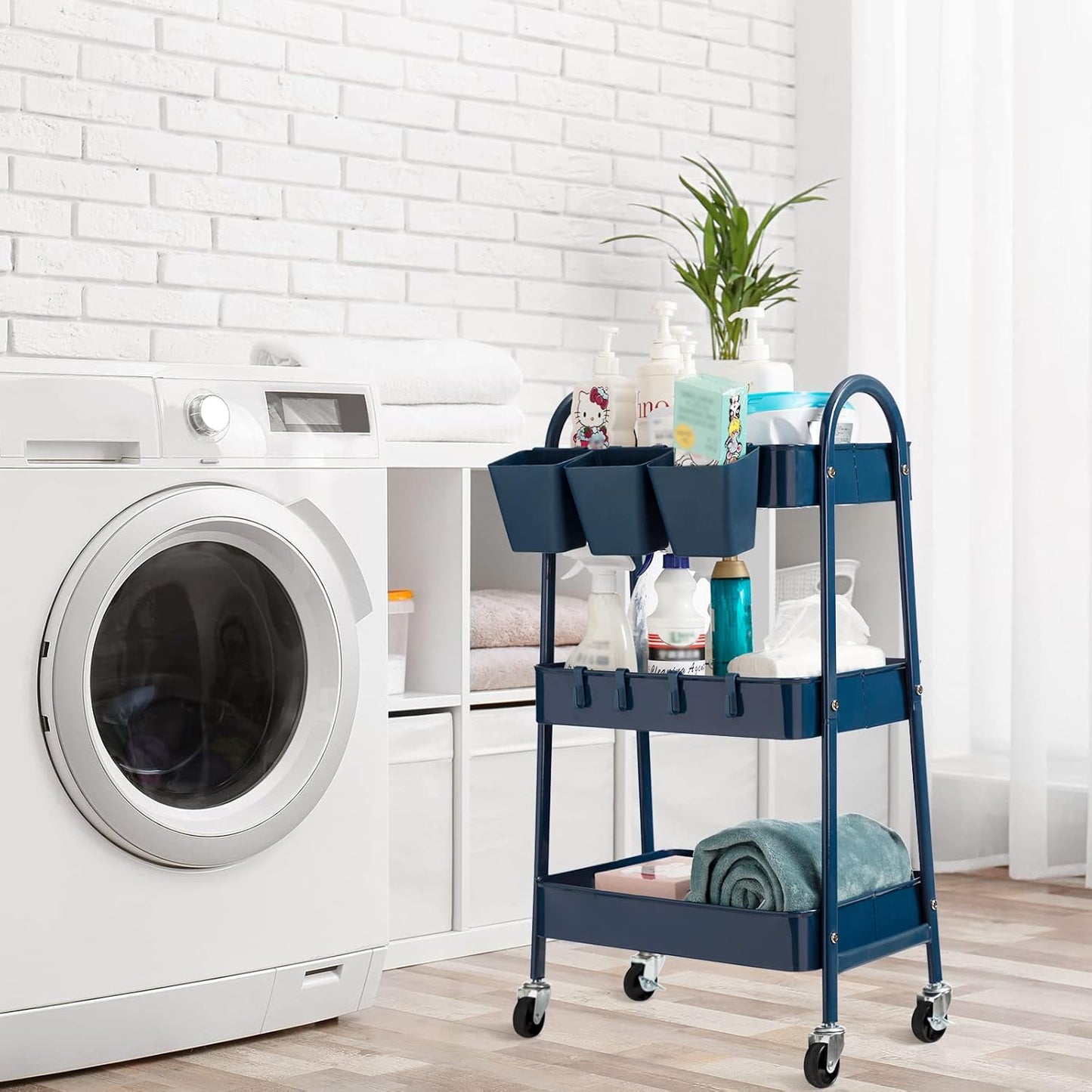 3-Tier Rolling Cart, Utility Cart Mobile Metal Rolling Storage Cart with Lockable Wheels & Hanging Cups & Hooks for Kitchen, Bathroom, Office, Workshop, Yellow