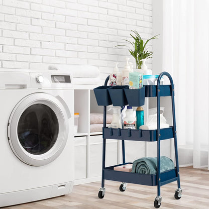 3-Tier Rolling Cart, Utility Cart Mobile Metal Rolling Storage Cart with Lockable Wheels & Hanging Cups & Hooks for Kitchen, Bathroom, Office, Workshop, Yellow