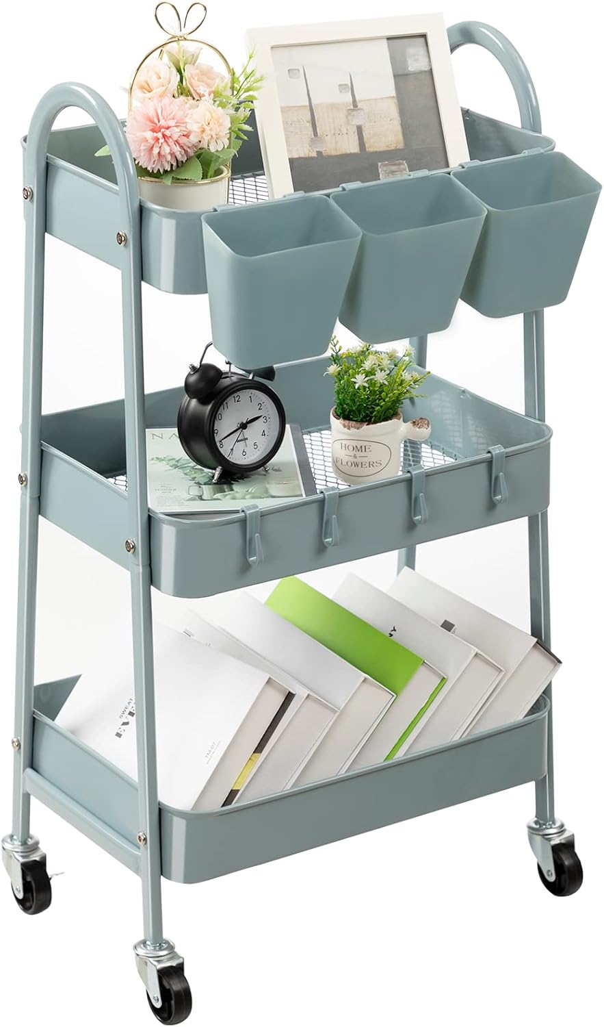3-Tier Rolling Cart, Utility Cart Mobile Metal Rolling Storage Cart with Lockable Wheels & Hanging Cups & Hooks for Kitchen, Bathroom, Office, Workshop, Yellow