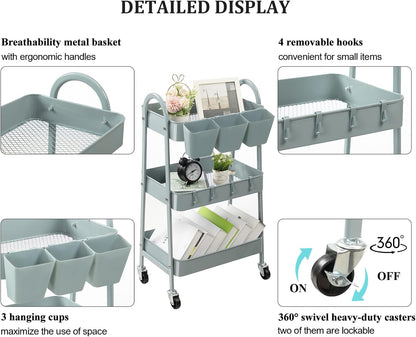 3-Tier Rolling Cart, Utility Cart Mobile Metal Rolling Storage Cart with Lockable Wheels & Hanging Cups & Hooks for Kitchen, Bathroom, Office, Workshop, Yellow