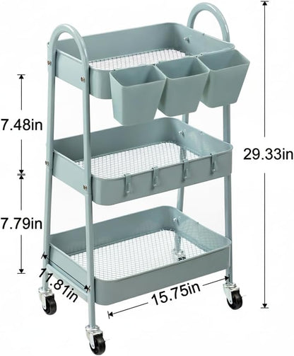 3-Tier Rolling Cart, Utility Cart Mobile Metal Rolling Storage Cart with Lockable Wheels & Hanging Cups & Hooks for Kitchen, Bathroom, Office, Workshop, Yellow