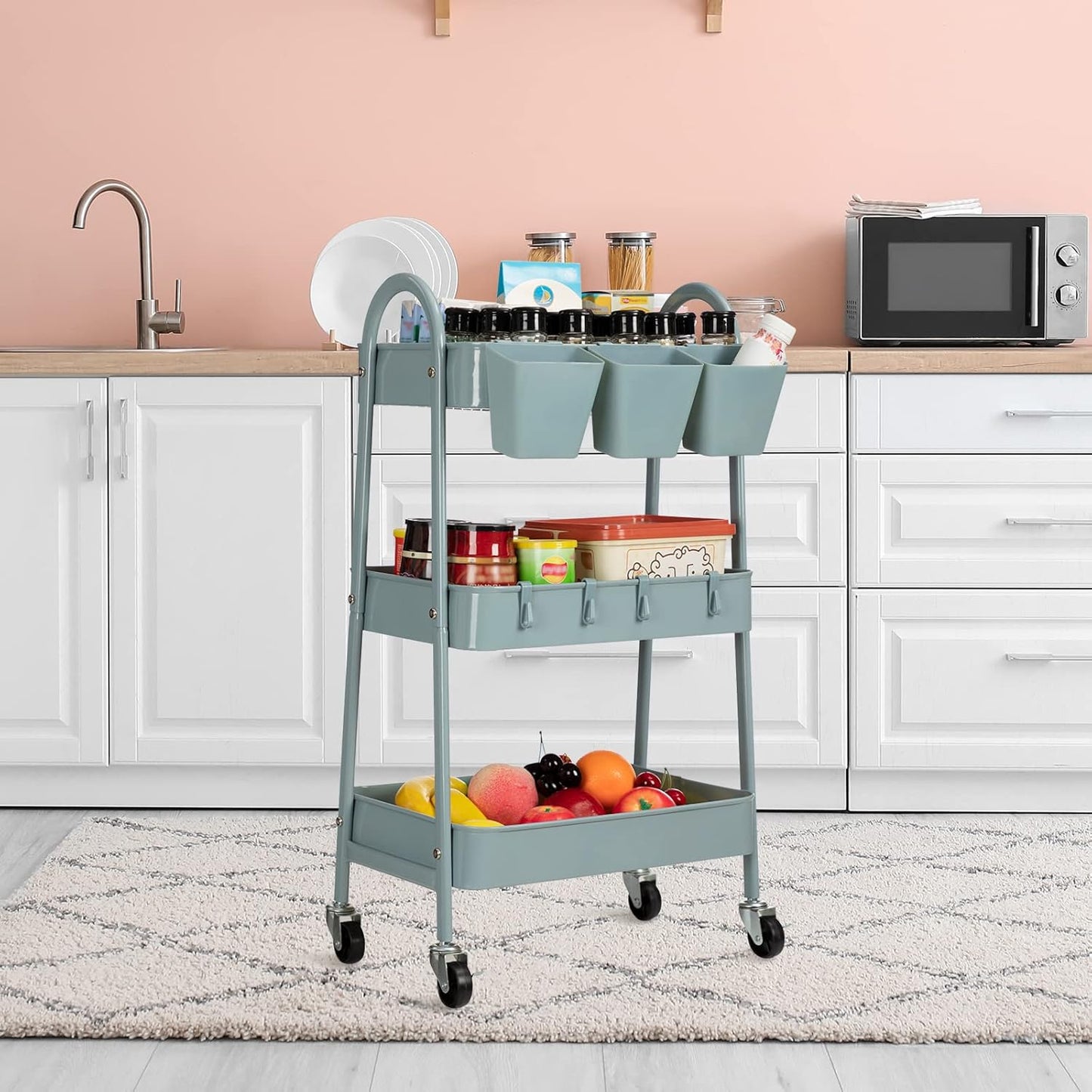 3-Tier Rolling Cart, Utility Cart Mobile Metal Rolling Storage Cart with Lockable Wheels & Hanging Cups & Hooks for Kitchen, Bathroom, Office, Workshop, Yellow