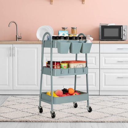 3-Tier Rolling Cart, Utility Cart Mobile Metal Rolling Storage Cart with Lockable Wheels & Hanging Cups & Hooks for Kitchen, Bathroom, Office, Workshop, Yellow