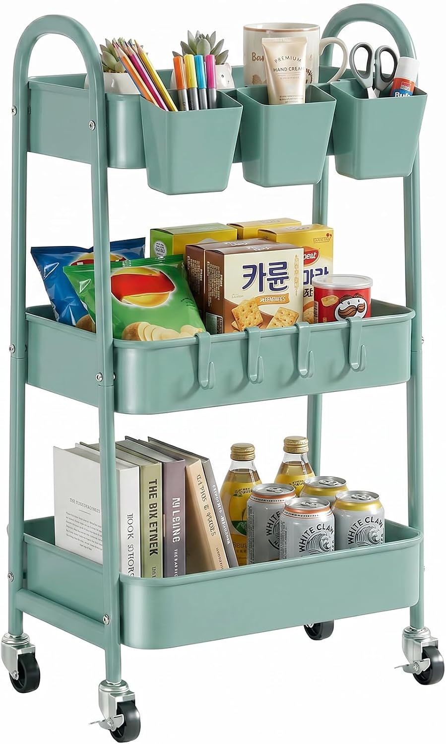 3-Tier Rolling Cart, Utility Cart Mobile Metal Rolling Storage Cart with Lockable Wheels & Hanging Cups & Hooks for Kitchen, Bathroom, Office, Workshop, Yellow