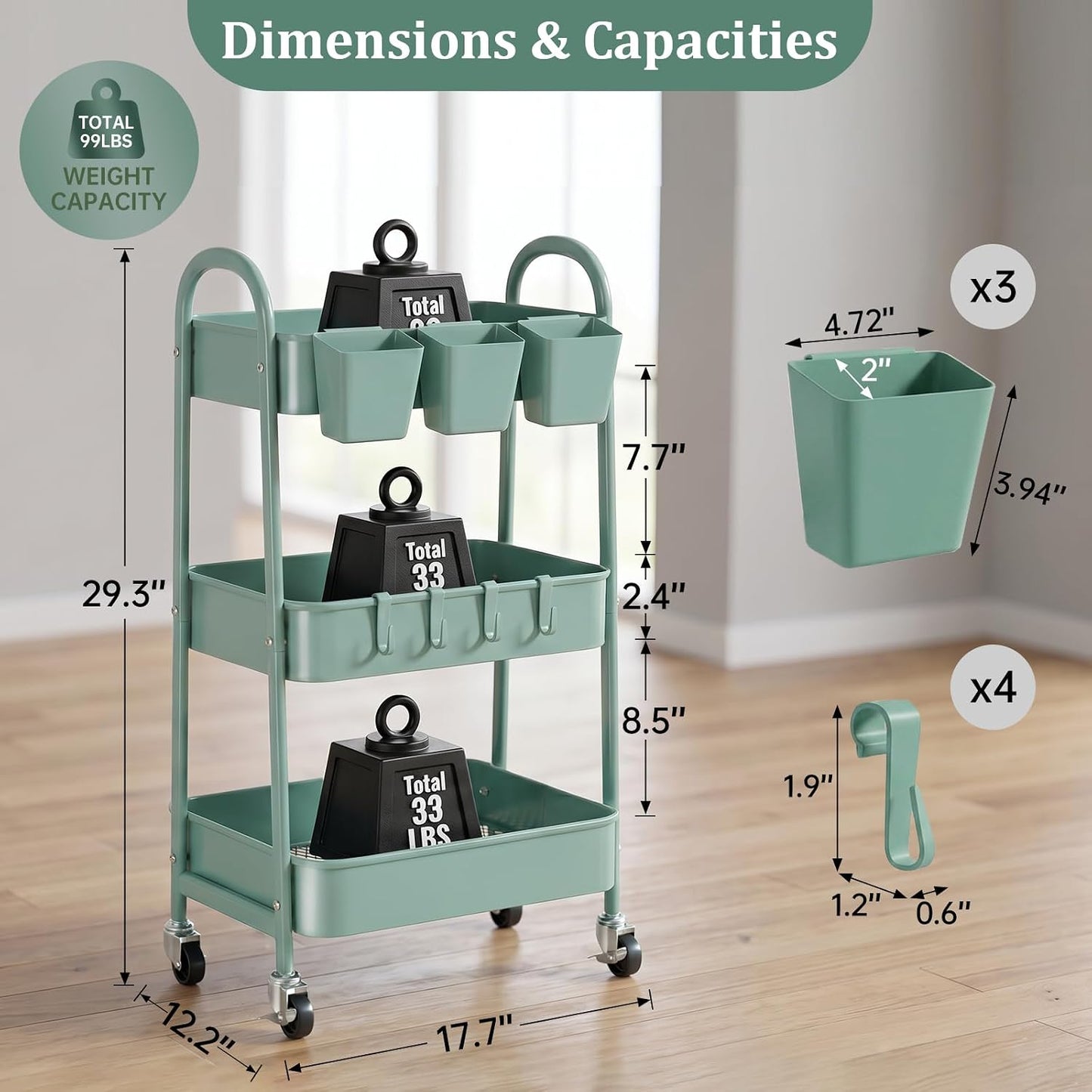3-Tier Rolling Cart, Utility Cart Mobile Metal Rolling Storage Cart with Lockable Wheels & Hanging Cups & Hooks for Kitchen, Bathroom, Office, Workshop, Yellow