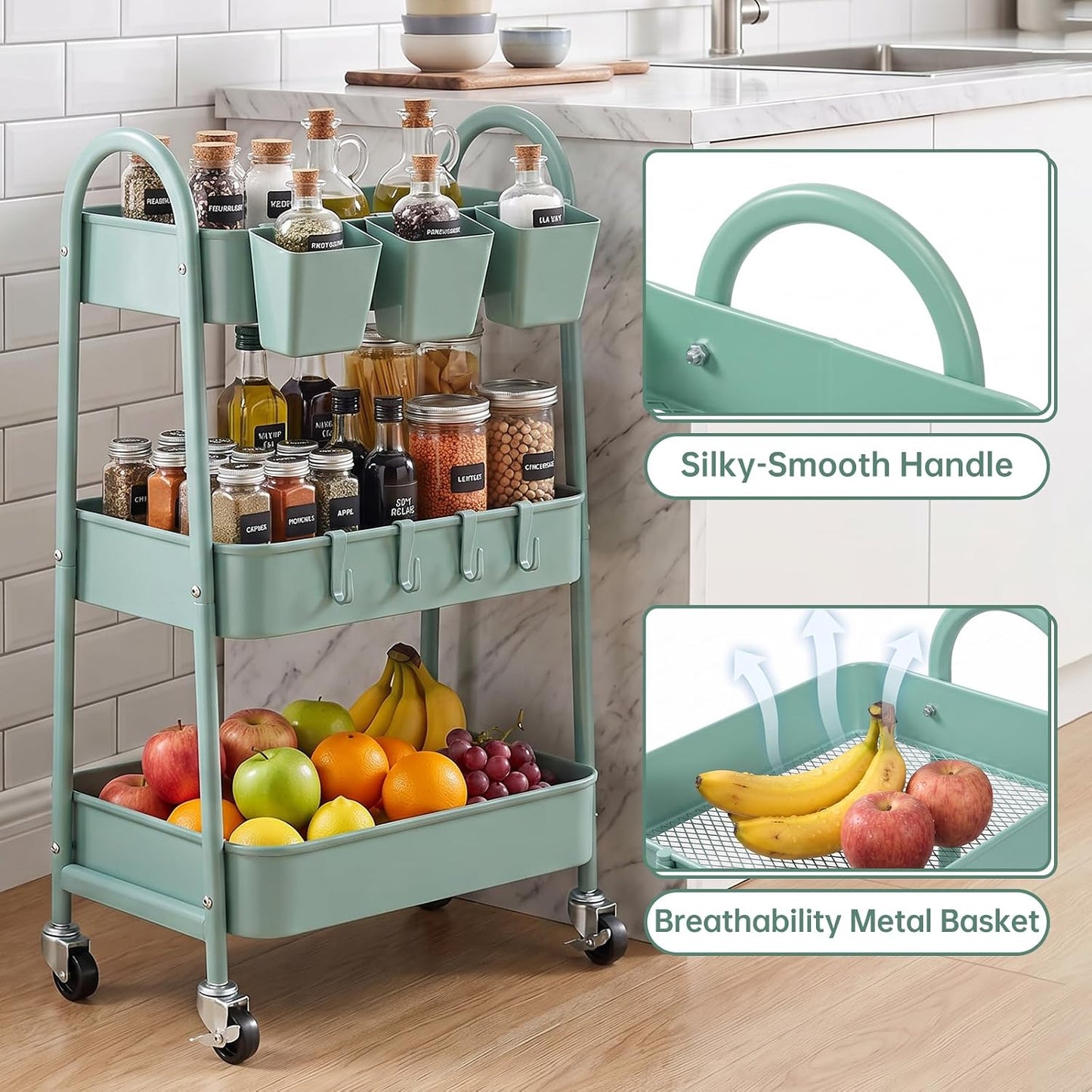3-Tier Rolling Cart, Utility Cart Mobile Metal Rolling Storage Cart with Lockable Wheels & Hanging Cups & Hooks for Kitchen, Bathroom, Office, Workshop, Yellow
