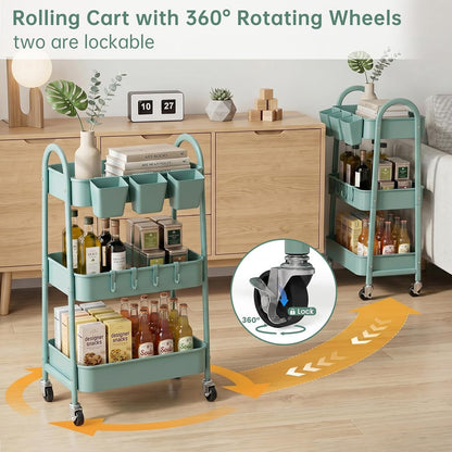 3-Tier Rolling Cart, Utility Cart Mobile Metal Rolling Storage Cart with Lockable Wheels & Hanging Cups & Hooks for Kitchen, Bathroom, Office, Workshop, Yellow