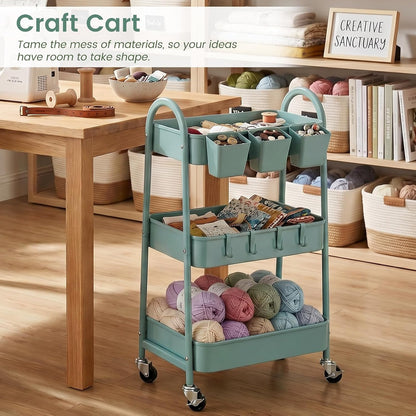 3-Tier Rolling Cart, Utility Cart Mobile Metal Rolling Storage Cart with Lockable Wheels & Hanging Cups & Hooks for Kitchen, Bathroom, Office, Workshop, Yellow