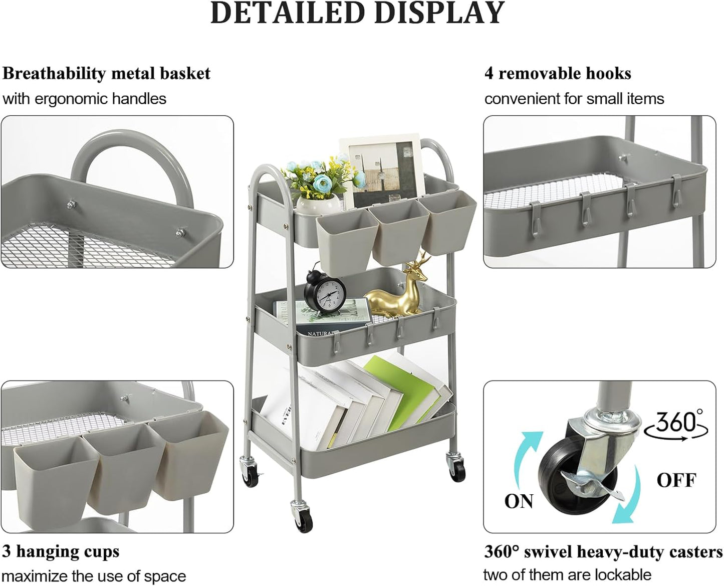 3-Tier Rolling Cart, Utility Cart Mobile Metal Rolling Storage Cart with Lockable Wheels & Hanging Cups & Hooks for Kitchen, Bathroom, Office, Workshop, Yellow
