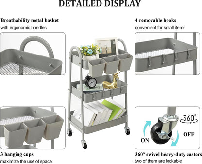3-Tier Rolling Cart, Utility Cart Mobile Metal Rolling Storage Cart with Lockable Wheels & Hanging Cups & Hooks for Kitchen, Bathroom, Office, Workshop, Yellow